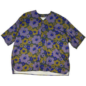 Acne Studios Floral Print Oversized Cotton Button-Up Shirt Purple Size S